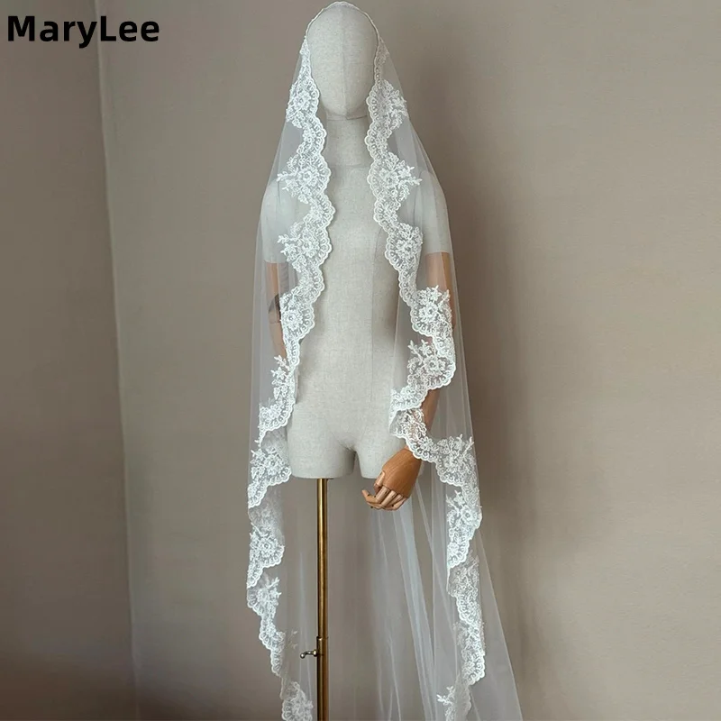 맞춤형 만틸라 레이스 엣지 웨딩 베일 1단 소프트 튤 신부 롱 베일 아이보리 웨딩 액세서리 채플 웨딩 베일