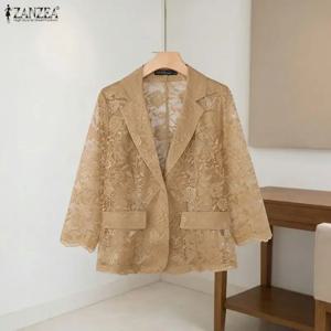 패션 ZANZEA 레이스 블레이저 여름 봄 3/4 슬리브 여성 블레이저 OL 작업 탑 시스루 블레이저 오버 사이즈 파티 슈트