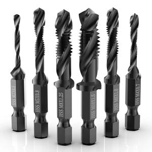 6종 조합 드릴 탭 및 탭 비트 세트, 3-in-1 녹방지 나사탭핑 비트 공구 (미터법 M3 M4 M5 M6 M8 M10, 1/4인치 육각 샹크)