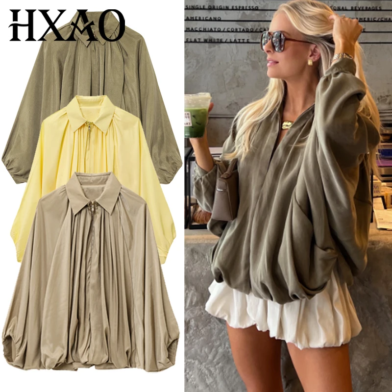 HXAO 여성용 봄버 재킷 가을 신상품 코트 & 재킷 오버사이즈 퍼프 긴 소매 탑 러플 루즈 아우터웨어 패션 코트