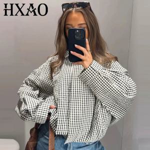 HXAO 플래드 블레이저 재킷 여성용 재킷 봄 가을 2026 크롭 오버사이즈 긴팔 탑 캐주얼 지퍼 아우터웨어 아웃도어 코트