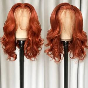 생강 오렌지 13*4 레이스 프론트 가발 다크 오렌지 바디 웨이브 합성 레이스 프론트 가발 여성용 Pre 뽑은 헤어 라인 가발 14 인치