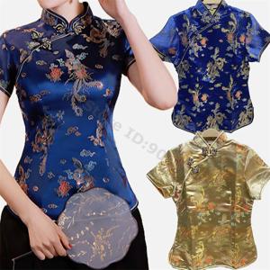 여성 새틴 셔츠 플러스 사이즈 3Xl4Xl 블라우스 중국 스타일 당나라 옷 새틴 셔츠 탑 버튼 다운 Qipao 여성 웨딩 의류