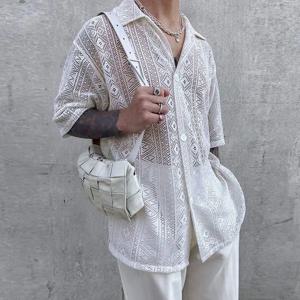 여름 남성 의류 메쉬 메쉬를 통해 볼 섹시한 셔츠 반팔 Fishnet 버튼 다운 레트로 세련된 streetwear 파티 블라우스 S-5XL