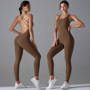 섹시한 Backless Bodycon Scrunch Jumpsuit는 엉덩이를 높입니다. 여성 댄스 피트니스 오버올은 민소매 요가 스포츠 점프 슈트를 밀어냅니다.