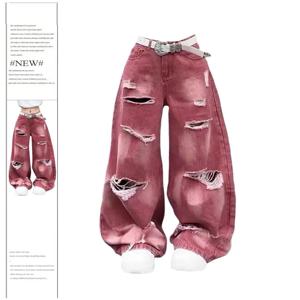 여성용 핑크 Y2k 찢어진 카고 청바지, 하라주쿠 데님 바지, 미적 Y2k 진 바지, 빈티지 일본 2000 년대 스타일 쓰레기 옷