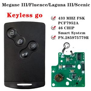 2009 - 2015 Renault Megane III Fluence Laguna III Scenic 2010 핸즈프리 열쇠가없는 스마트 카드 자동차 키 433MHz PCF7952A