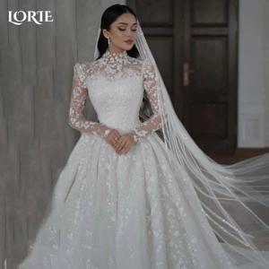 LORIE 빈티지 레이스 웨딩 원피스, A 라인 아플리케, 하이 칼라 꽃 신부 가운, 우아한 공주 아플리케, 맞춤형 신부 가운