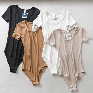 여성 캐주얼 섹시 슬림 비치 휴가 점프 슈트 Bodycone 반소매 라운드 넥 바디 슈트 Seamless Clubwear 기본 셔츠 & 블라우스