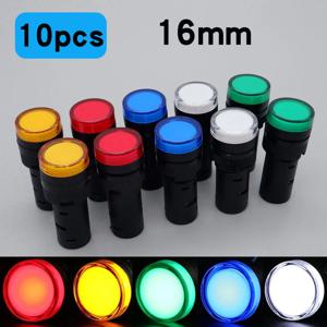 10pcs 16mm 패널 마운트 플라스틱 경고 신호등 LED 표시 등 AC DC 파란색 녹색 빨간색 흰색 노란색 12V 24V 220V ﻿