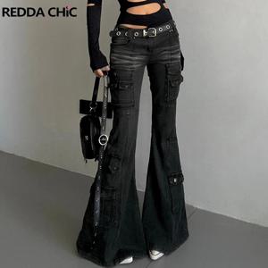 REDDAChiC Acubi 패션 블랙 플레어 청바지 레트로 수염 스키니 스트레치 로우 라이즈 포켓 카고 바지 여성 그런지 Alt streetwear