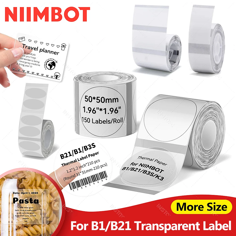 Niimbot B1 B21 미니 휴대용 열 라벨 메이커 프린터 용 투명 자체 접착 라벨 용지 투명 원형 스티커