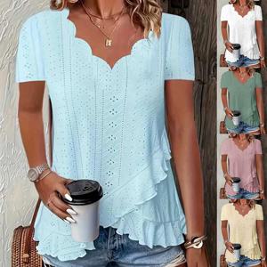 여성 패션 블라우스 여름 2025 Ruffles Loose Hollow Out Tops 캐주얼 솔리드 컬러 웨이브 v 넥 반팔 화이트 셔츠 레이디