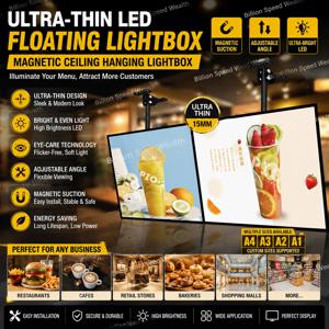 초슬림 LED 플로팅 라이트 박스, 레스토랑/매장용 자석 천장 매달림 메뉴 보드