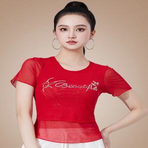 스퀘어 댄스 스포티 여성용 탑 반팔 메쉬 다이아몬드 코튼 티셔츠 더블 레이어드 네팅 원단 퍼포먼스 의상