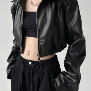 Y2k 여성 의류 레트로 긴 소매 턴 다운 칼라 가죽 자켓 코트 봄 가을 달콤한 멋진 소녀 자켓 짧은 탑