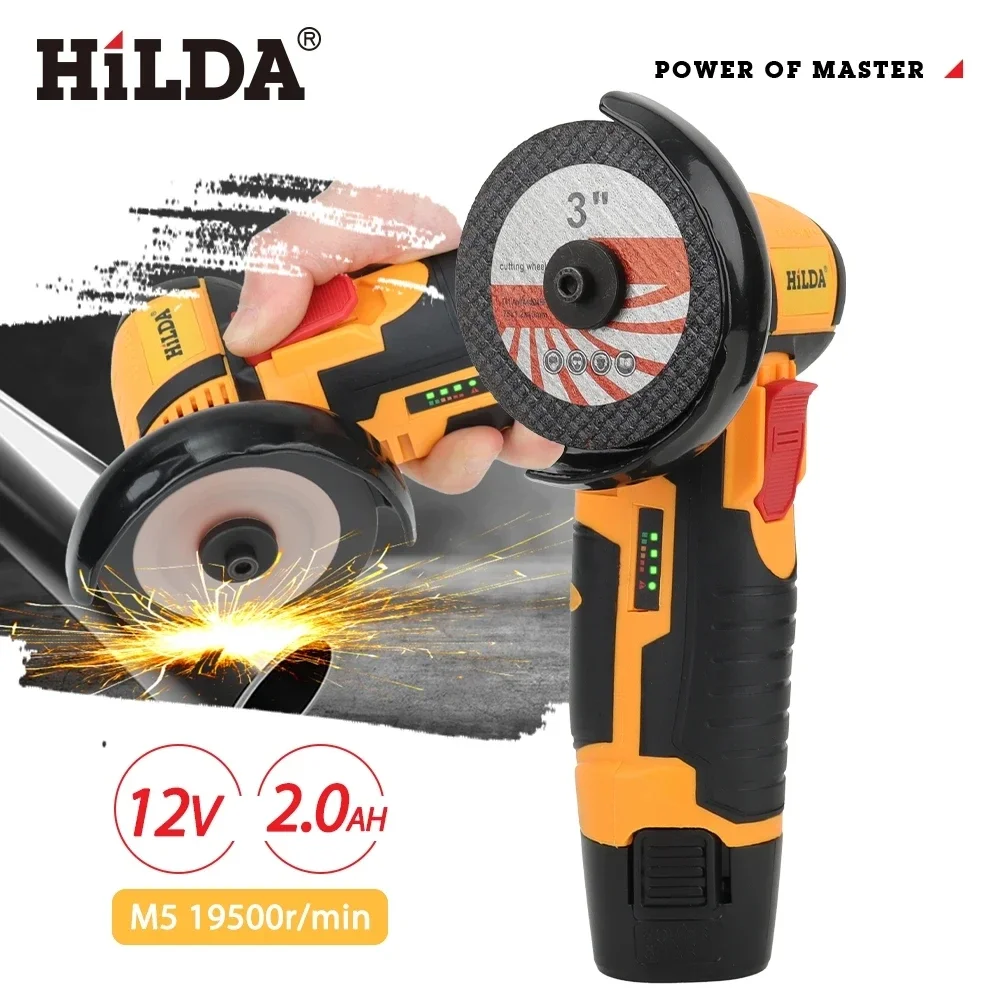 HILDA 12V 미니 3 인치 브러시리스 전기 앵글 그라인더 마이크로 리튬 이온 폴리 셔 다이아몬드 절단 및 연삭 기계 남자 선물