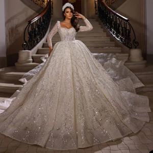 맞춤형 스팽글 비딩 볼 가운 럭셔리 웨딩 드레스 글리터 롱 슬리브 로브 드 마리에 백리스 베스티도스 드 노이바