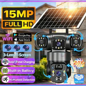 15MP IP Wifi 카메라 무선 태양광 카메라 PTZ 3 렌즈 야외 방수 10X 줌 나이트 비전 PIR 인간 감지 보안 카메라