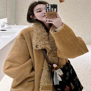양면 착용 가능 양털 자켓 여성용 루즈핏 오토바이 스타일 스웨이드 벨벳 코트 가을 겨울 따뜻한 패셔너블 아우터웨어
