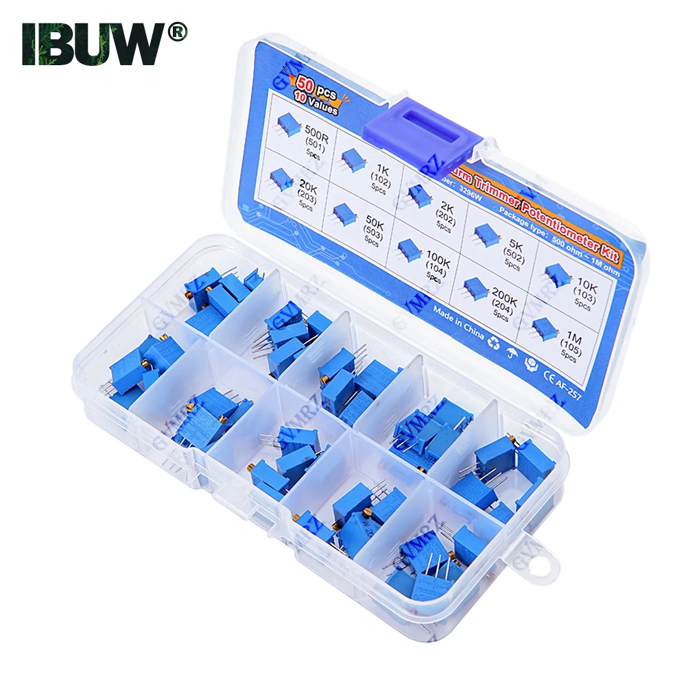 50PCS 10가지 값 3296W 멀티턴 트리머 전위차계 키트(500Ω-1MΩ) 정밀 회로 튜닝 및 전자 DIY용 박스 포함