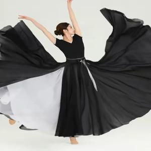 이중 레이어 대비색상 모던댄스 스커트, 넓은 스윙 하프 바디 스커트, 미술학생 공연 의상, 쉬폰 소재