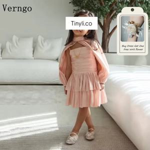 Verngo 우아한 살구색 크레이프 소녀 정장 드레스 2 피스 A라인 티어드 포멀 핏 아라비아 프롬 파티 드레스 맞춤 제작