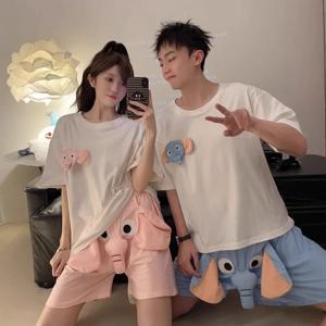새로운 여름 커플 의상 잠옷 홈웨어 슈트 남성 Wowen Squeaky Elephant 반바지 바지 소년 그릴 루즈 슈트 레저 잠옷 바지