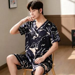 남성 여름 신상 패션 프린트 파자마 세트 플러스 사이즈 V넥 반팔 반바지 남성 수면복 캐주얼 시원한 홈웨어 2026
