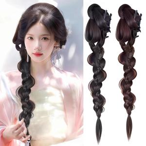 24인치 새로운 중국 스타일 클로 클립 트위스트 브레이드 포니테일 합성 헤어 내열성 레트로 헤어 액세서리 여성용