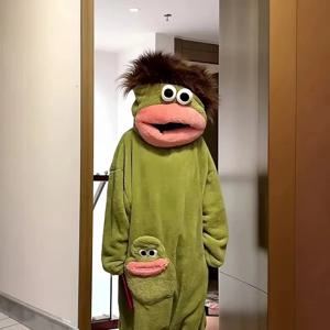 만화 큰 입 괴물 전신 원지 부드럽고 두꺼운 산호 플리스 따뜻한 라운지웨어 커플 잠옷 가을 겨울 홈웨어