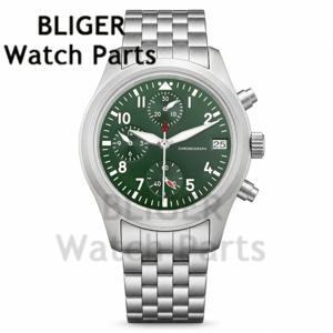 사파이어 글래스 38mm 그린 에비에이터 남성용 시계 스테인레스 스틸 VK67 스포츠 크로노그래프 남성용 캘린더 시계 러닝 세컨드 핸즈