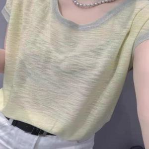 루즈핏 여름 신상 여성용 라운드넥 아이스 실크 반팔 포켓 손수건 얇고 통기성 좋은 비즈니스 스타일