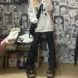 REDDACHIC 여성용 고스 로리타 블랙 팬츠, 캐주얼 플레어 스택 청바지, 신축성 하이 웨이스트 바지, 2000s Y2K 그런지 이모 스트리트웨어