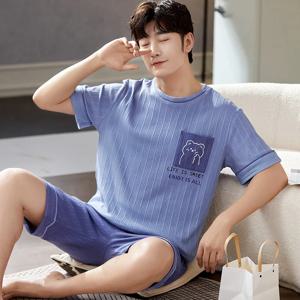 남성용 부드러운 면 잠옷 세트, L-3XL 파란색 잠옷, 신축성 있는 반팔 반바지, 젊은 남성 홈웨어, 여름 패션, 신상