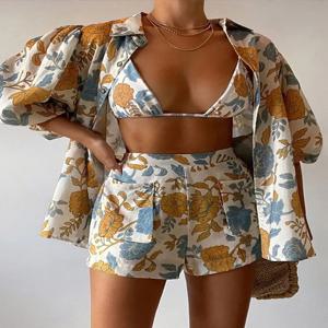패션 인쇄 여성 3 피스 복장 반바지 정장과 느슨한 반팔 셔츠 2023 여름 캐주얼 streetwear 짧은 세트