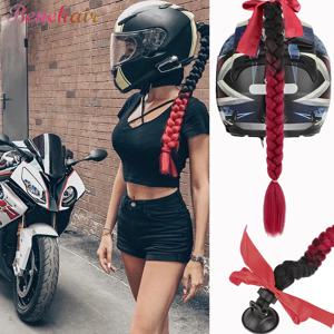 Benehair Syntheitc 헬멧 땋은 머리 그라디언트 램프 헬멧 머리띠 모터 자전거 용 Bowknot가있는 흡입 컵이있는 포니 테일 헤어 1PCS
