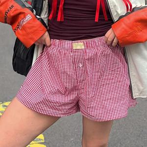 여성용 깅엄 복서 반바지 Teen-girls 신축성있는 허리 밴드 풀 온 레드 블루 격자 무늬 반바지 복장 캐주얼 라운지 여름 반바지