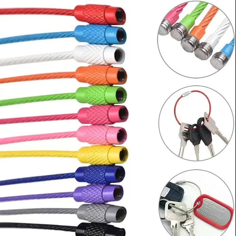 10pcs 다채로운 스테인레스 스틸 와이어 키 체인 케이블 루프 나사 잠금 로프 키 홀더 열쇠 고리 열쇠 고리 반지 야외 도구