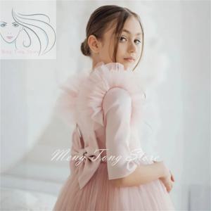 활 달린 가벼운 핑크 꽃 소녀 드레스, 얇은 명주 그물, 결혼식 생일 파티 연회 공주 가운