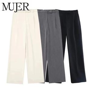 MUJER 2025 여성 바지 베이지 그레이 블랙 와이드 레그 팬츠 여성 하이웨이스트 배기 팬츠 여성 패션 여름 오피스 트라우저
