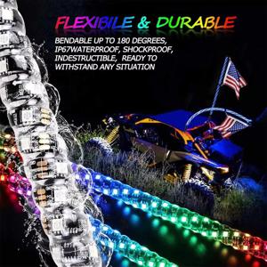 2피트 RGB LED 휩 라이트, ATV UTV 폴라리스 RZR 오프로드 트럭, 샌드 버기, 듄 깃대 램프용 조명 안테나 휩 (UTV ATV SSV)