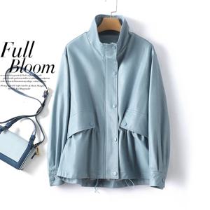 M-3XL 패션 스탠드 칼라 수축 허리 양가죽 재킷, 캐주얼 루즈 지퍼 커버 단추 스플릿 가죽 코트, 2024 가을