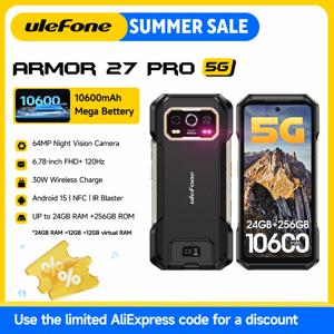 Ulefone Armor 27 Pro 5G 견고한 전화기 10600mAh 스마트폰 50MP 카메라 64MP 야간 안드로이드 15 최대 24GB+256GB NFC 방수 전화기