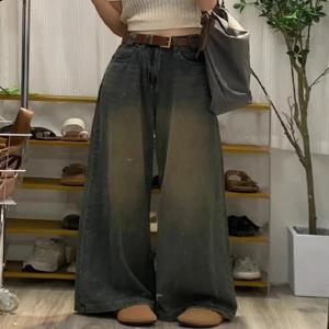 플러스 사이즈 하이웨이스트 와이드 레그 아메리칸 하이 스트리트 데님 진 여성용 빈티지 드레이피 슬리밍 루즈핏 스트레이트 롱 팬츠