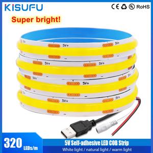 DC5V USB COB LED 스트립 라이트 8MM PCB 플렉시블 접착 테이프 320LEDs/m TV 배경 조명 야간 램프 1-5m DC/2핀 와이어 포함