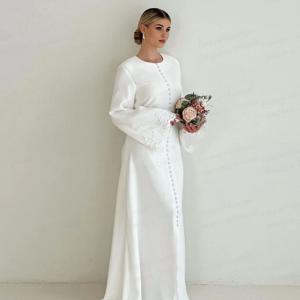 심플한 무슬림 웨딩드레스 여성용 머메이드 아플리케 버튼 포멀 롱 슬리브 스플릿 신부 드레스 2026 맞춤형