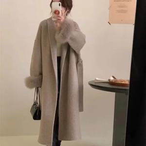 여성용 여우 모피 커프스 긴 모직 코트, 실제 여우 모피 재킷, 여성용 목욕 가운, 양면 캐시미어 코트, 2024 가을 겨울 신상