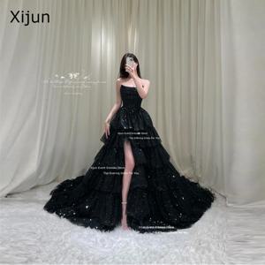 Xijun 글리터 블랙 긴 이브닝 드레스, 티어드 민소매 한국 웨딩 드레스, 사진 촬영, 공식 무도회 드레스, 맞춤형