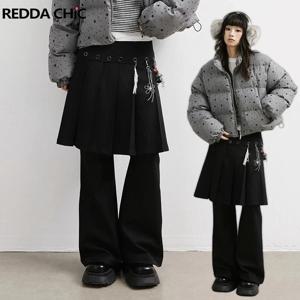 REDDAChiC 스커트 오버레이 여성 드레스 바지 블랙 아일렛 플리츠 로우 허리 부츠컷 와이드 레그 바지 Acubi Fashion Y2k streetwear